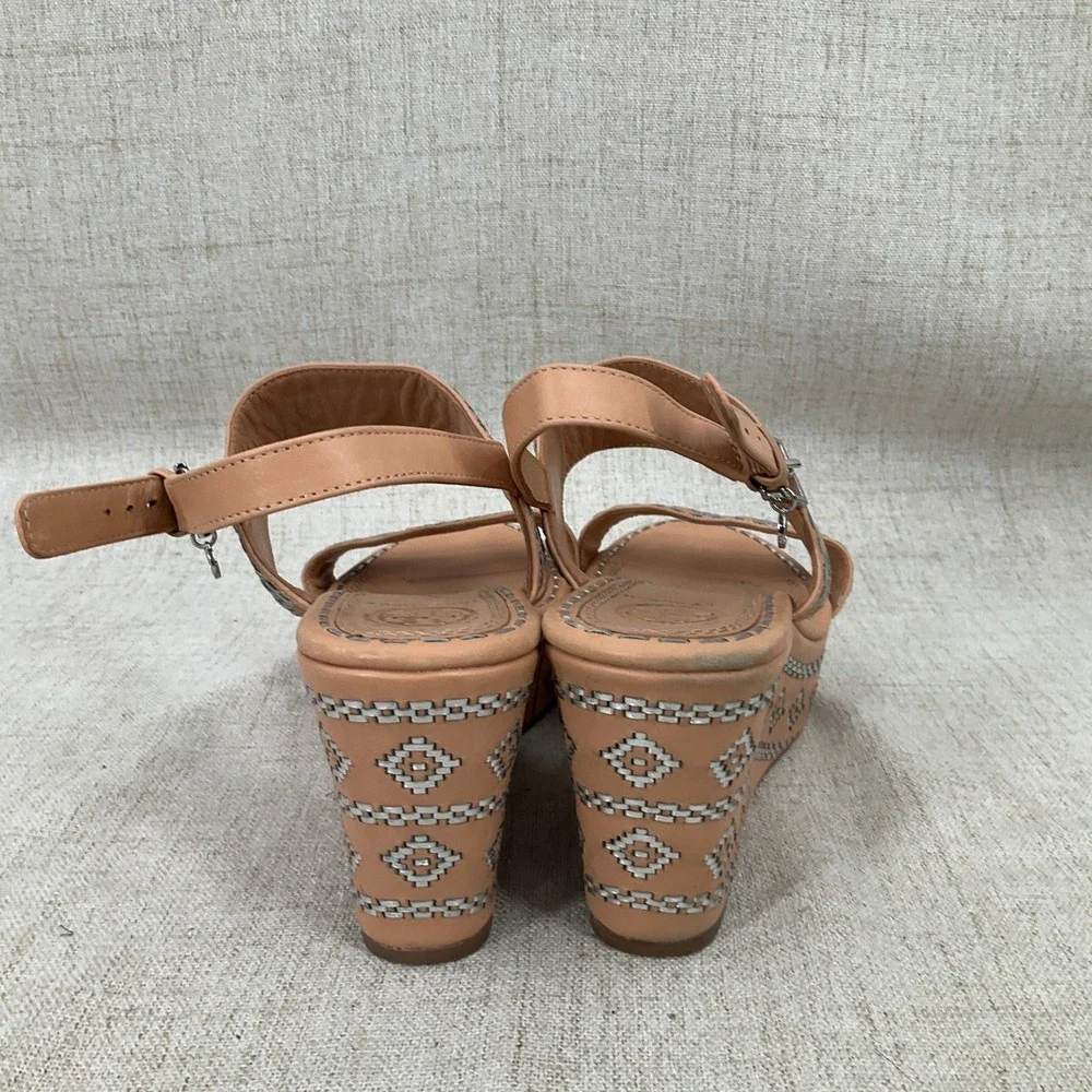 Tory Burch Reena Wedge Sandals Womens 9M‎ Tan Leather Embroidered Platform